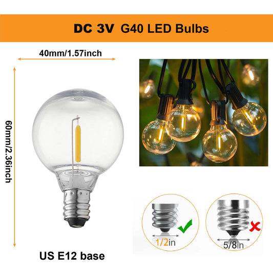 DC 3V Low Voltage,Solar String Light Bulbs,Shatterproof Waterproof E12 G40 LED Bulbs,Warm White 25 Pack.